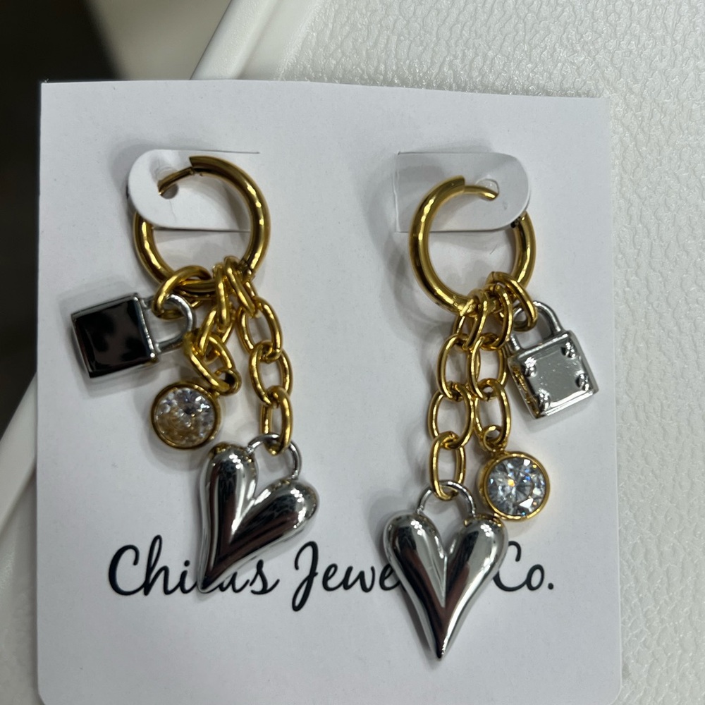 Gold and Silver Heart Charm Earrings